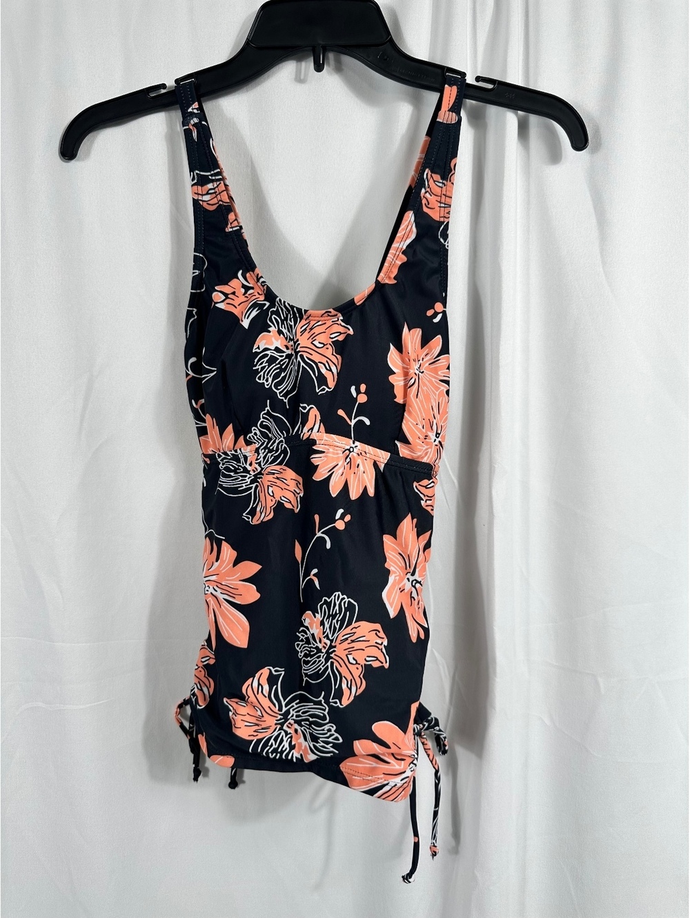 Floral Print Black and Coral Tankini Top Adjustable Sides Size Small